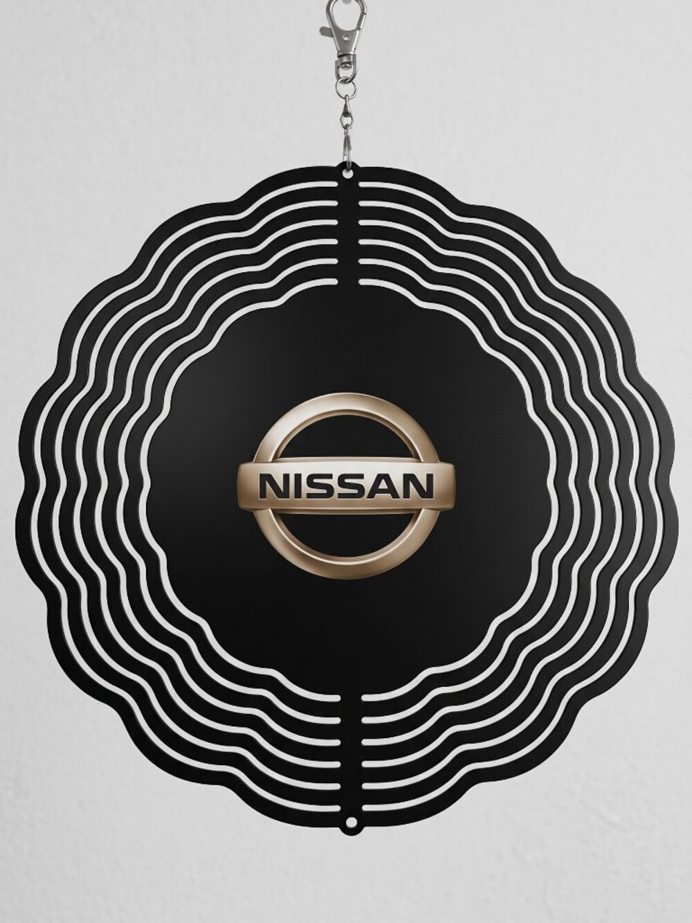 10" Nissan Logo Kinetic Wind Spinner - Gold Black Metal Hanging Yard Decor